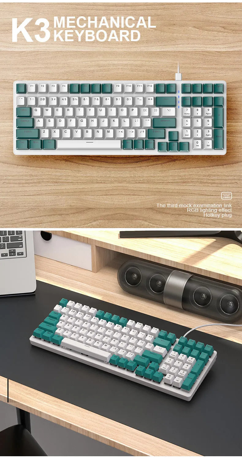 ABS wired mechanical keyboard with 100 keys, USB connection, 1.5 m cable, 37 x 13.5 x 3.5 cm, Bee Light green or Shimmer