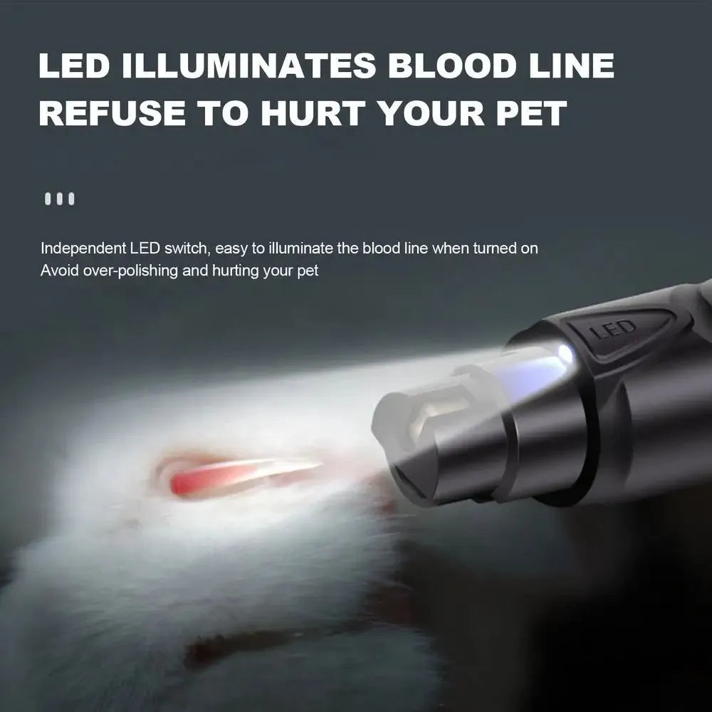 Lighted dog nail grinder with LED, two-speed rechargeable, black ABS, 14.5 cm length