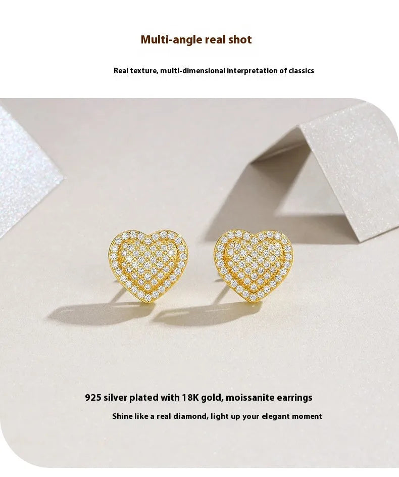 S925 sterling silver heart stud earrings with gold-colour finish and moissanite stones