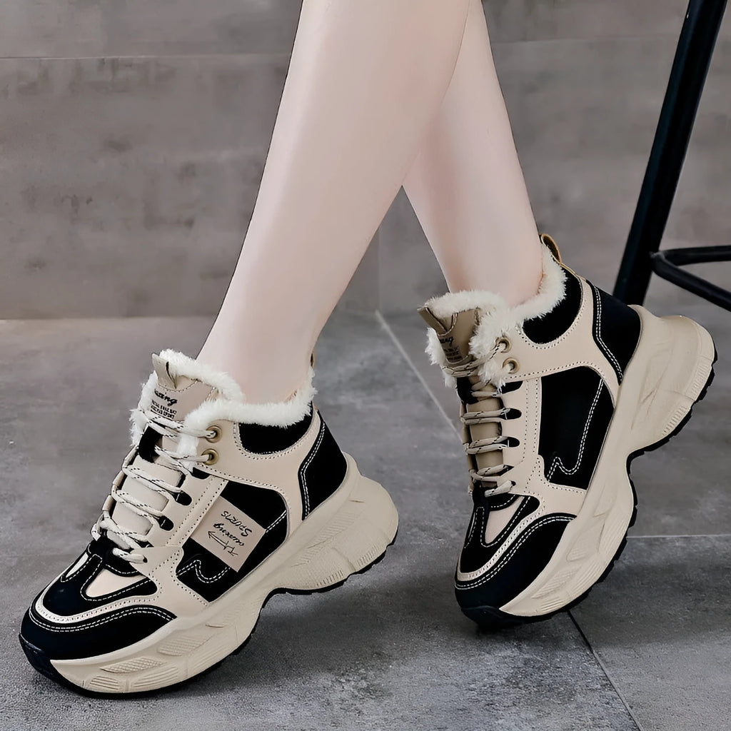 Women's winter thermal fleece-lined sneakers, round toe, mid heel, front lace-up, in black, blue, and gray