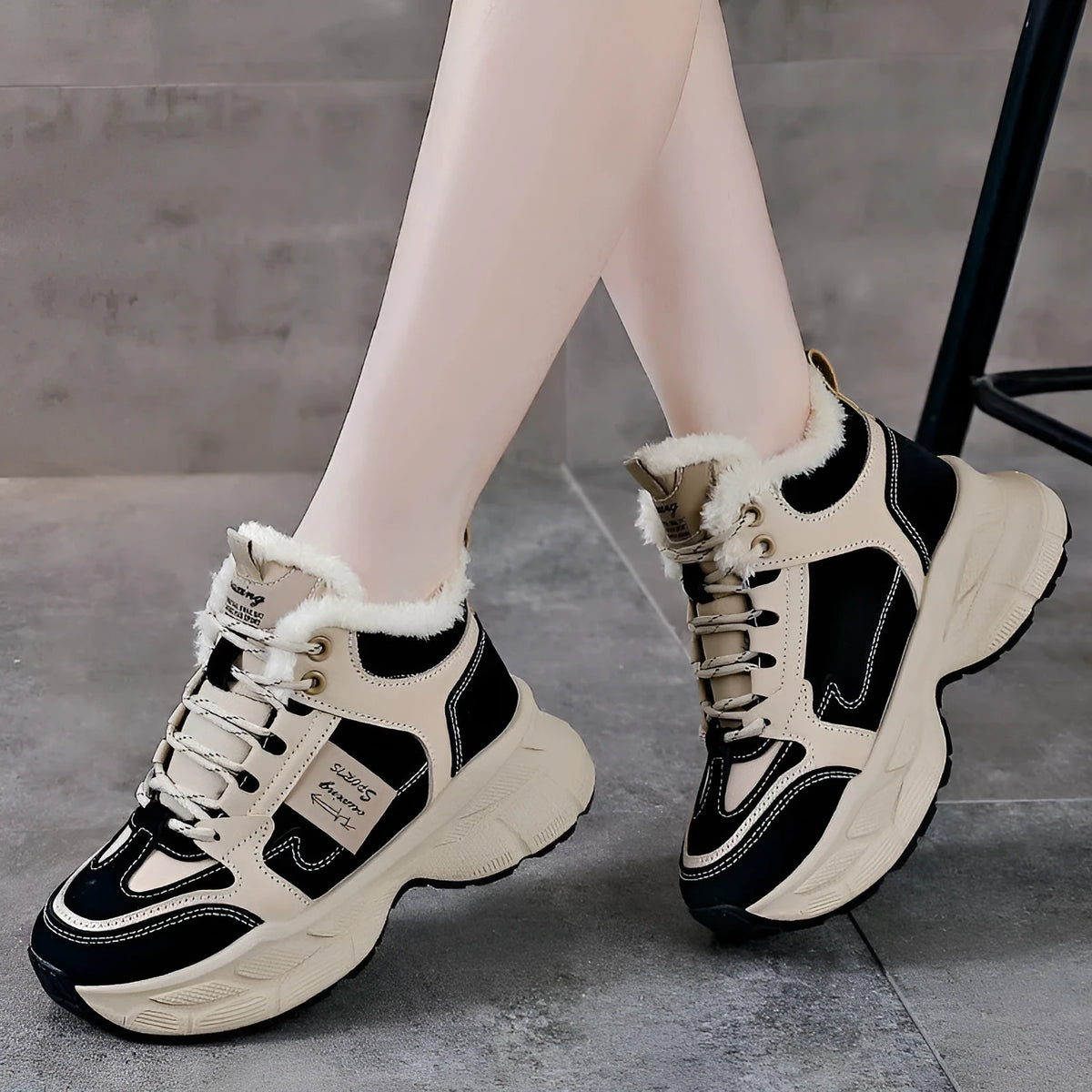 Women's winter thermal fleece-lined sneakers, round toe, mid heel, front lace-up, in black, blue, and gray
