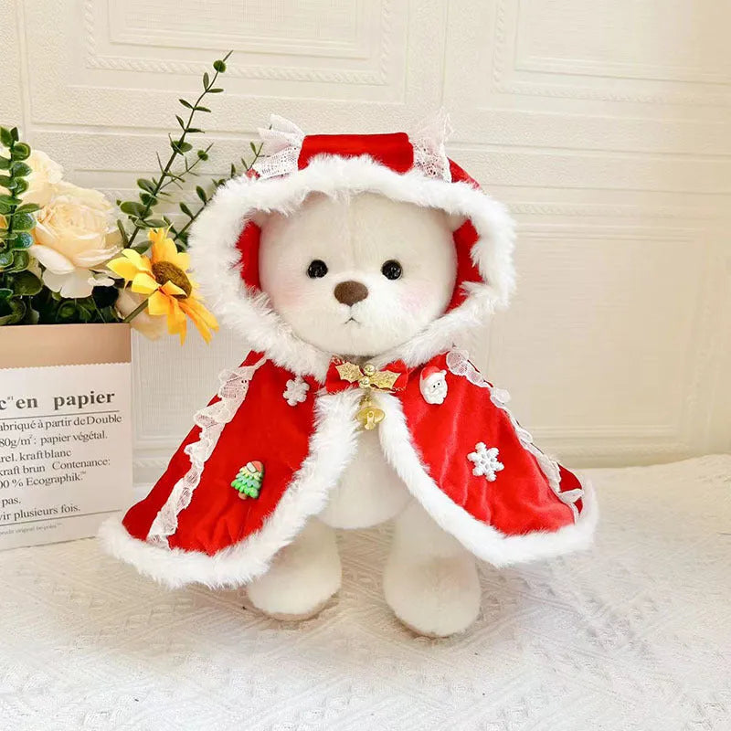 30cm Momo bear plush doll wearing a red plaid dress Christmas costume set with cloak