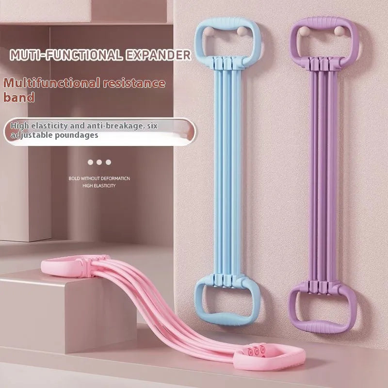 Adjustable 6-gear chest expander fitness equipment for women in blue, pink, and purple colour options