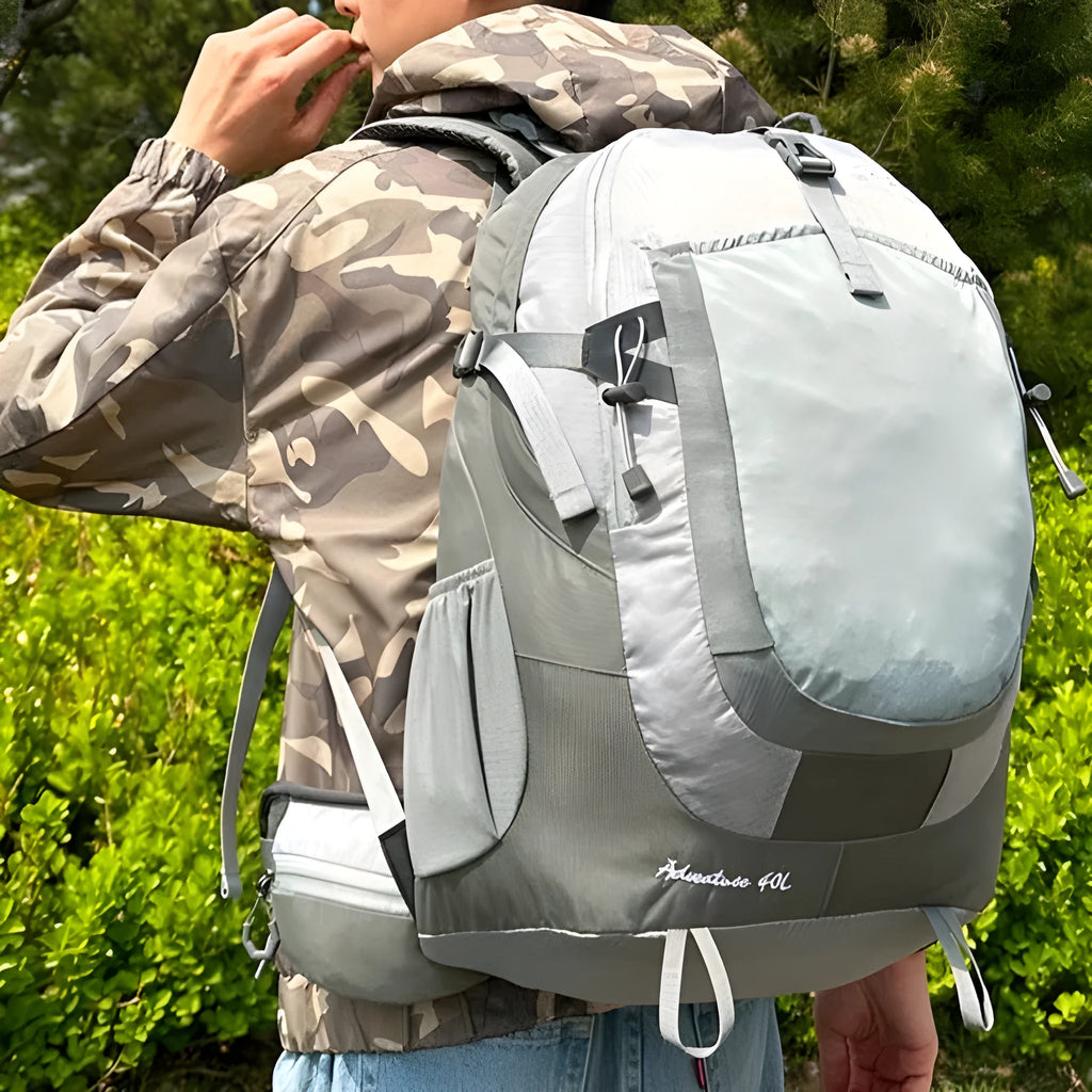 New outdoor 40L backpack in black with waterproof fabric and curved shoulder straps