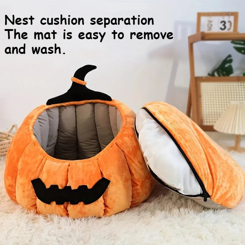 Halloween pumpkin cat bed with cartoon devil design in soft plush material