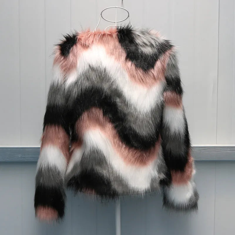 Korean style women's faux fur leather short coat with O-neck and long sleeves