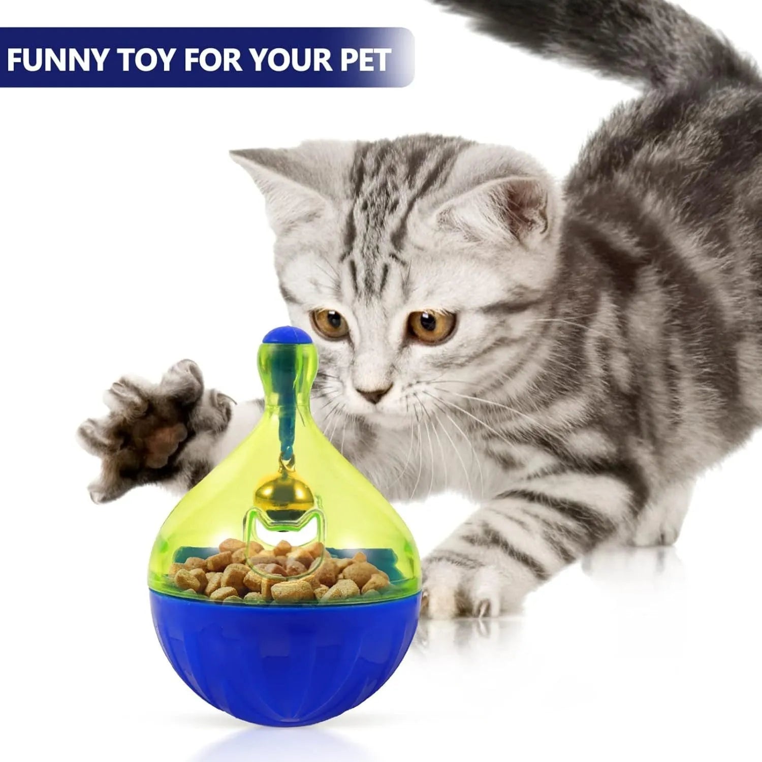 Blue tumbler-shaped pet treat dispenser toy for dogs and cats with treat holes