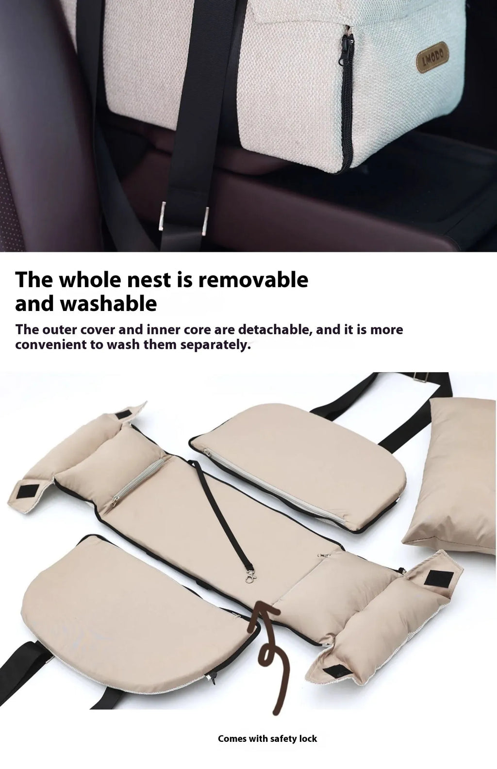 Beige white polyester pet car nest and diaper bag dual-use product for small pets