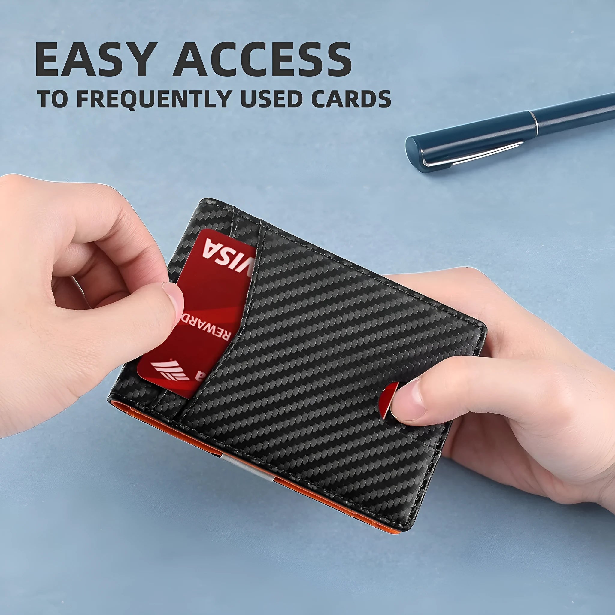 PU leather anti-theft card holder with multiple card slots shown in carbon fibre black colour