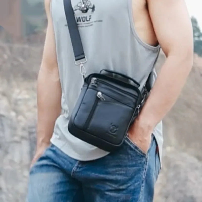 Black genuine leather men's shoulder messenger bag with retro styling