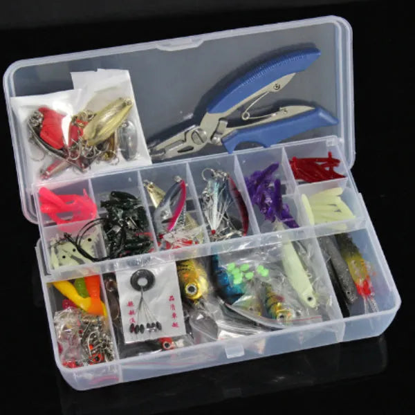132-piece fishing lure set with rose red soft plastic baits and high-carbon steel hooks in storage case
