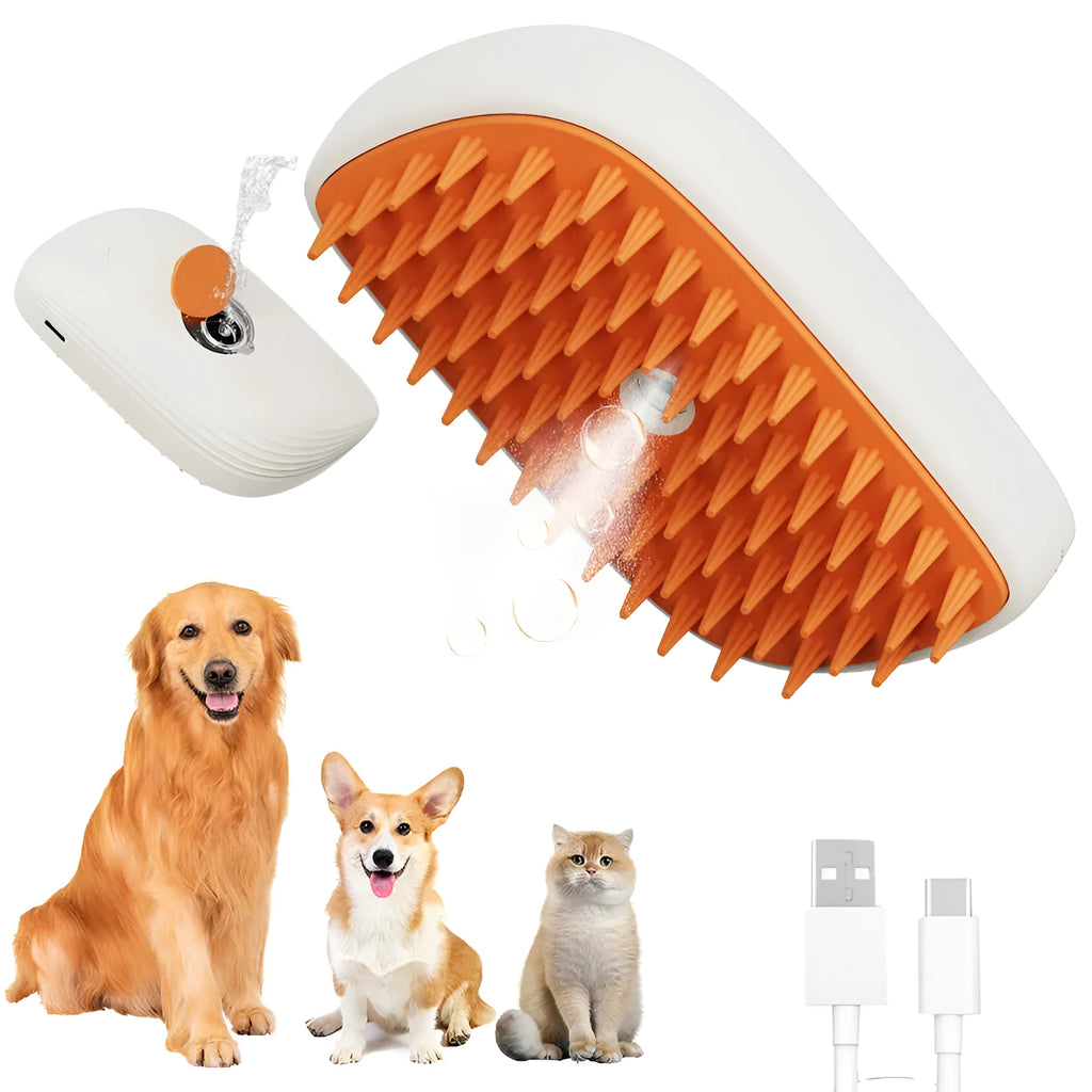 USB rechargeable cat steam brush in white and orange with ABS/TPR body, 11.8x6.8x5.5cm size