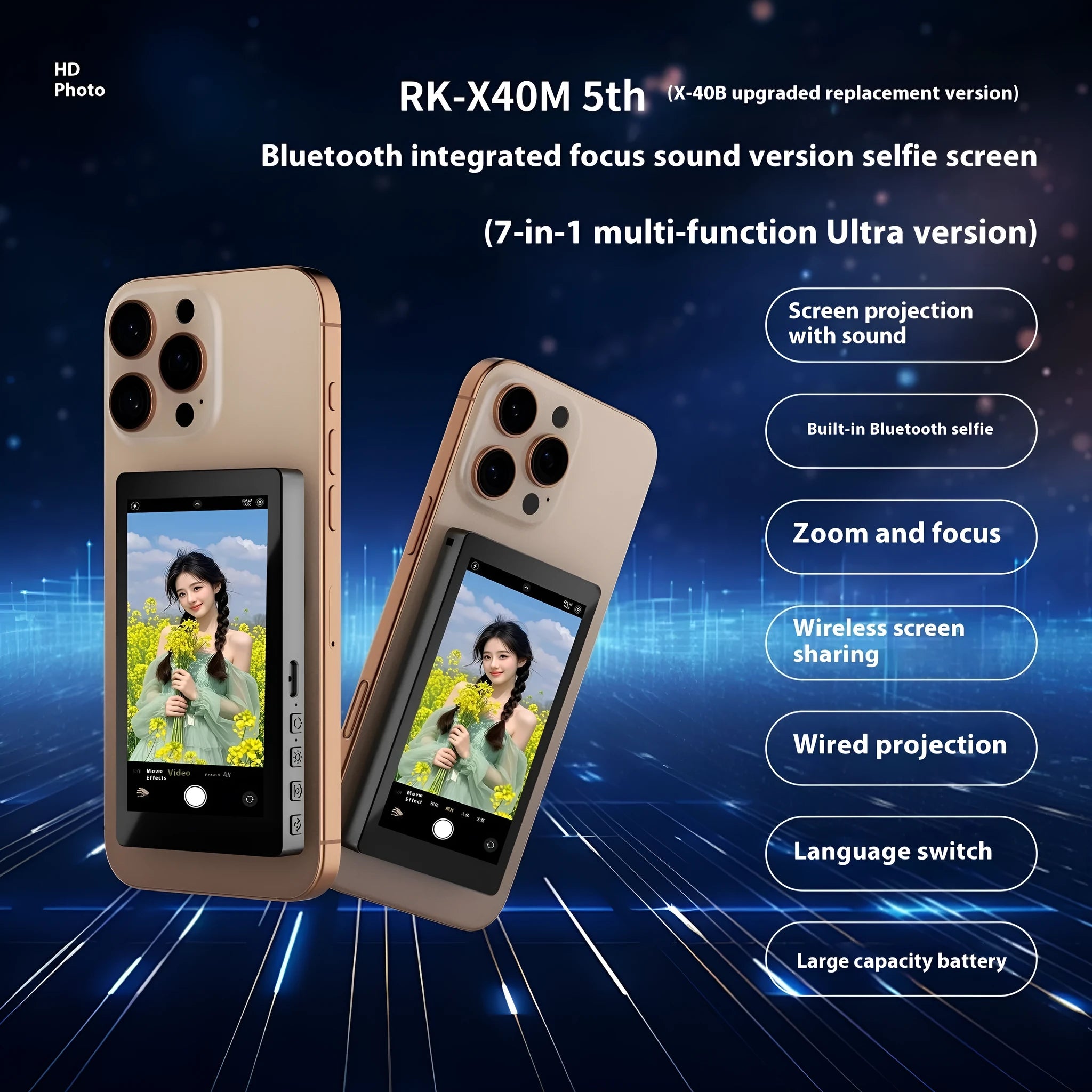 X40M magnetic mobile phone selfie display with audio zoom in black, grey or white colours