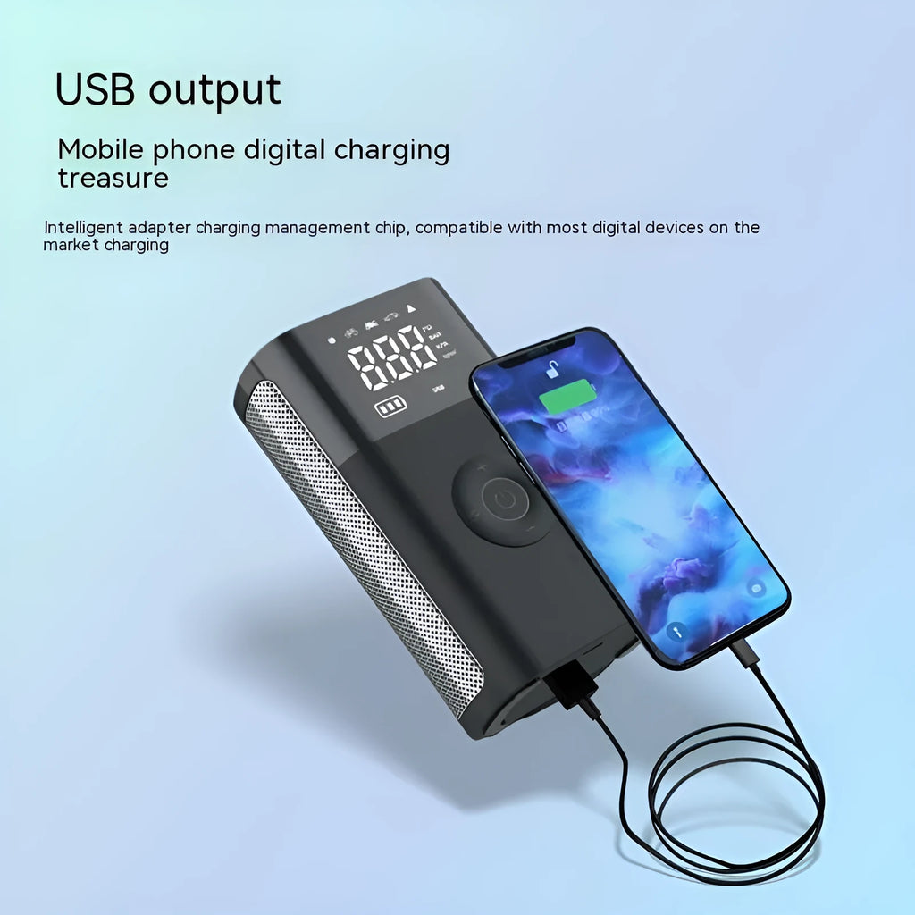 Wireless digital display handheld air pump with LED light, digital screen, and assorted inflation nozzles.