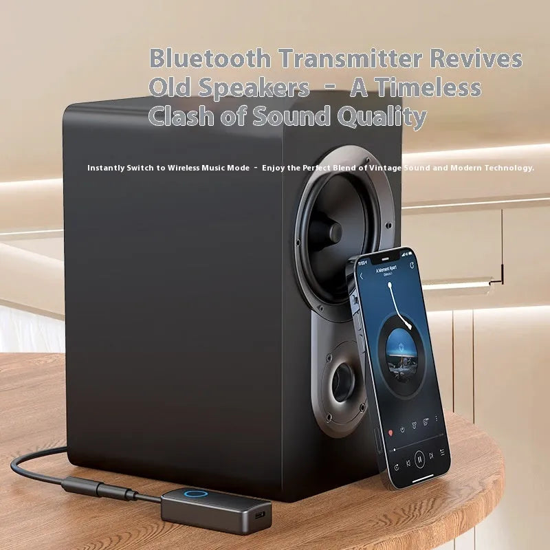 Black Bluetooth 5.4 audio adapter with a 3.5mm plug for wireless music streaming and calls.