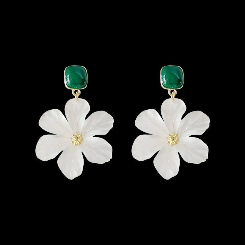 Dark green alloy earrings with needle flowers floral design for women