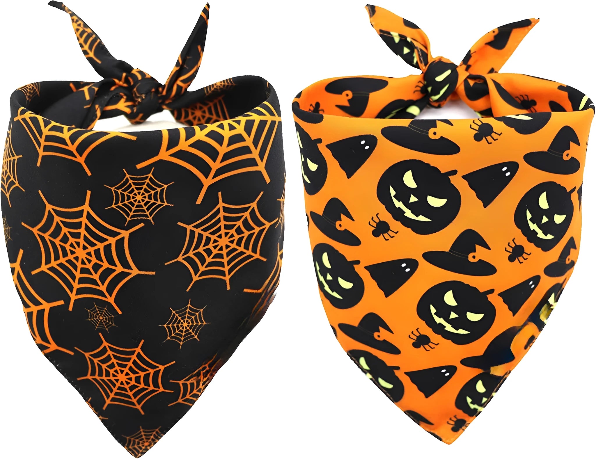 Black and orange reversible Halloween dog bandana with pumpkin and spider web patterns, showing adjustable neck strap