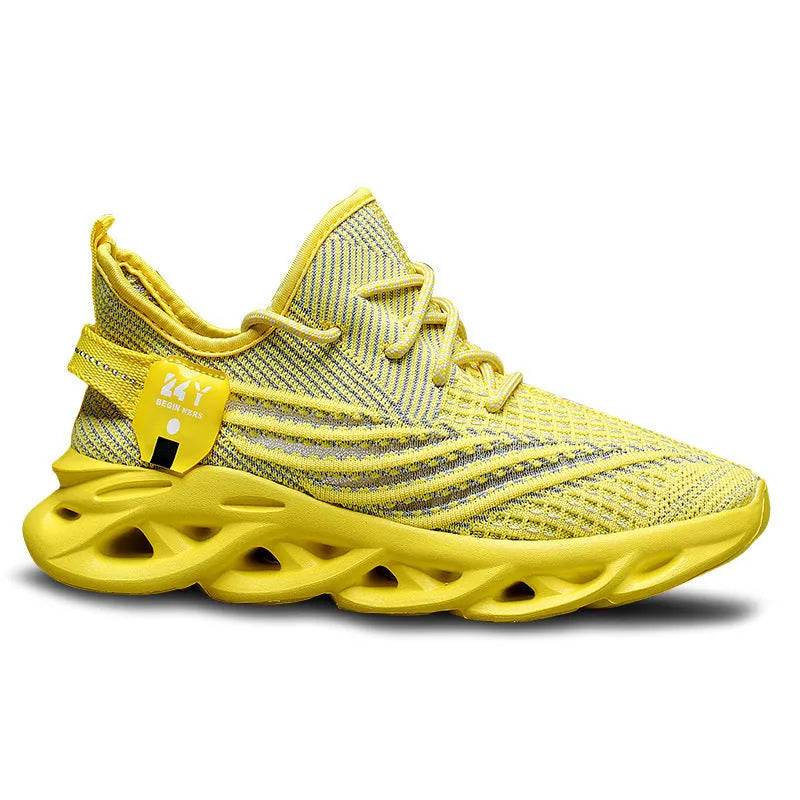 Men's blue Flyknit mesh casual sneaker with a foam sole and platform mid-heel on a white background.