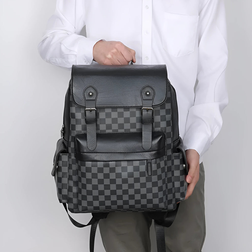 Large capacity black plaid backpack with PU shell, curved shoulder straps, and 35x18x40cm dimensions