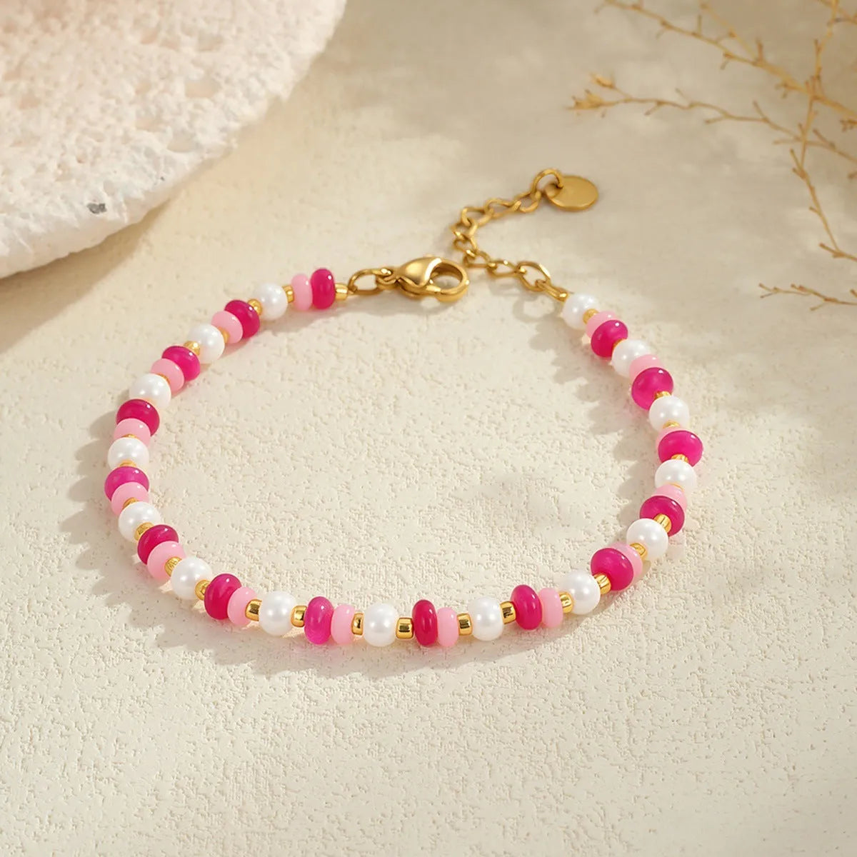 Sweet resin beaded necklace for women with geometric pendant, stainless steel chain, pink beads
