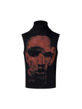 Half turtleneck slim-fit printed sleeveless T-shirt in black, front view, on model