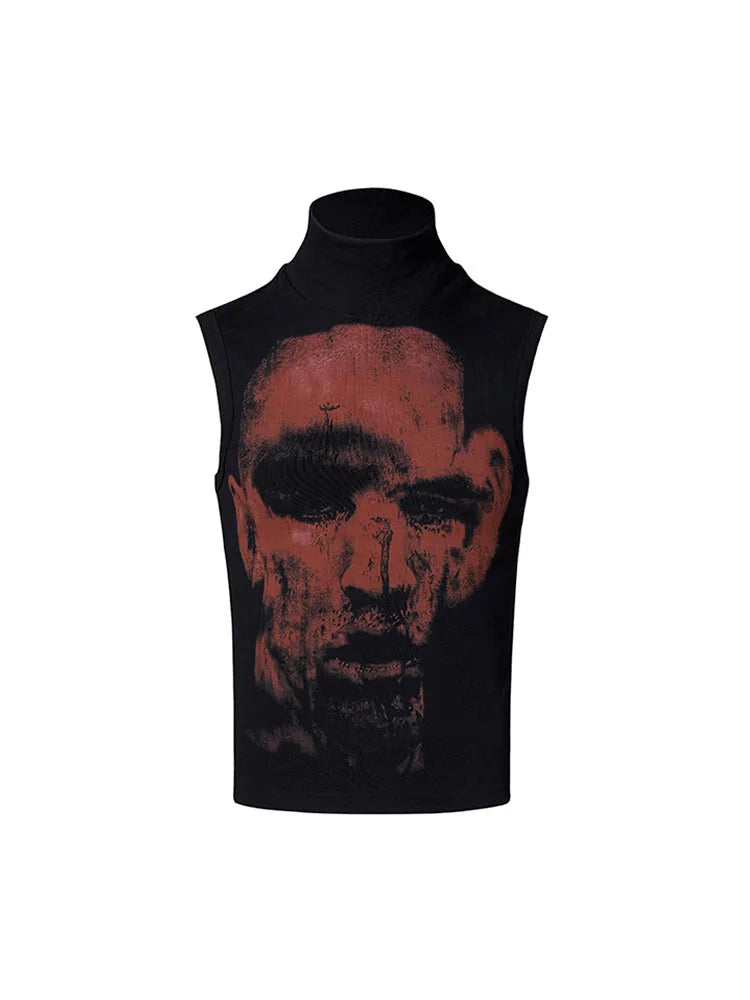 Half turtleneck slim-fit printed sleeveless T-shirt in black, front view, on model
