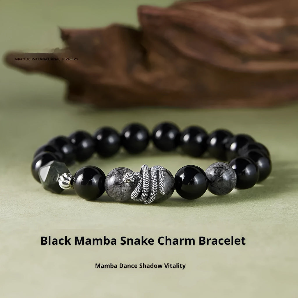 Men's black snake zodiac bracelet in S925 sterling silver with obsidian crystal elements, retro style 10mm jewellery