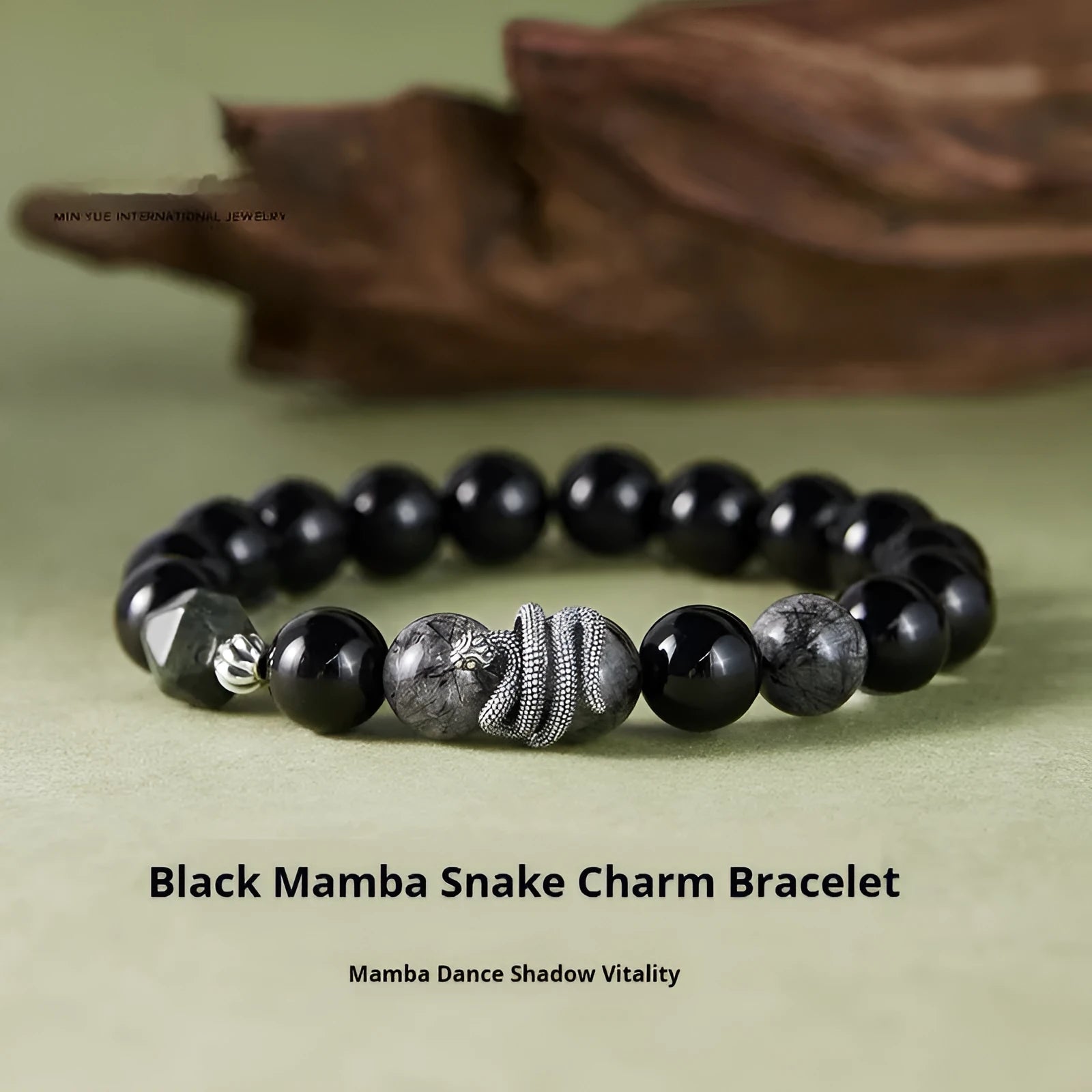 Men's black snake zodiac bracelet in S925 sterling silver with obsidian crystal elements, retro style 10mm jewellery