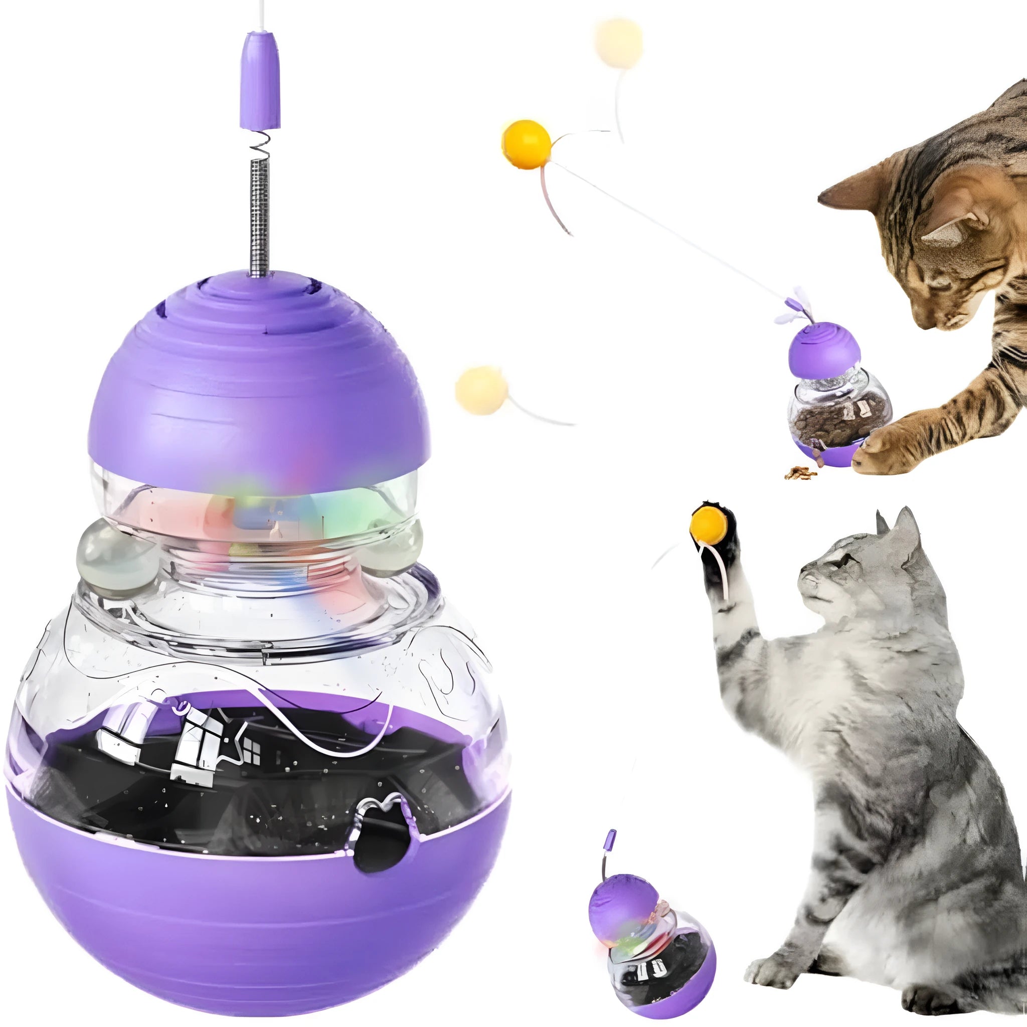 Colourful rocking cat interactive toy with a teaser wand, light-up ball, and food dispenser on a purple base.