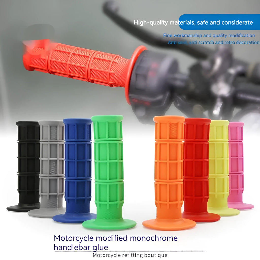 Set of two 22mm rubber motorcycle handle grips in assorted colours on a plain background.