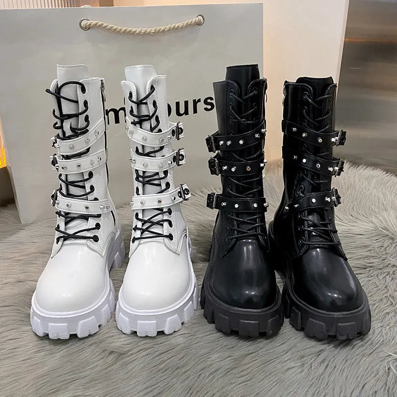 Buckle lace-up side zip punk women's mid boots in black and white, round toe, artificial PU upper and sole