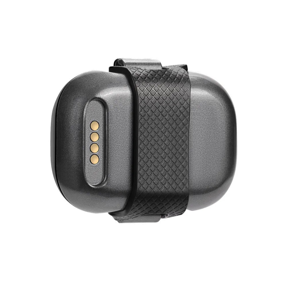 Black pet GPS locator tracker with hanging rope for attachment to dog or cat collars