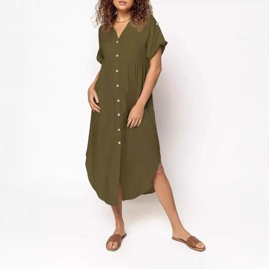 Loose-fitting casual midi dress with buttons down the front, shown in a solid colour.