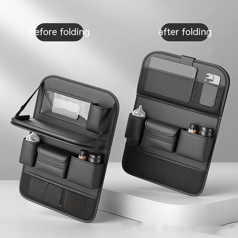 Car seat back storage bag with foldable dining table in waterproof leather construction
