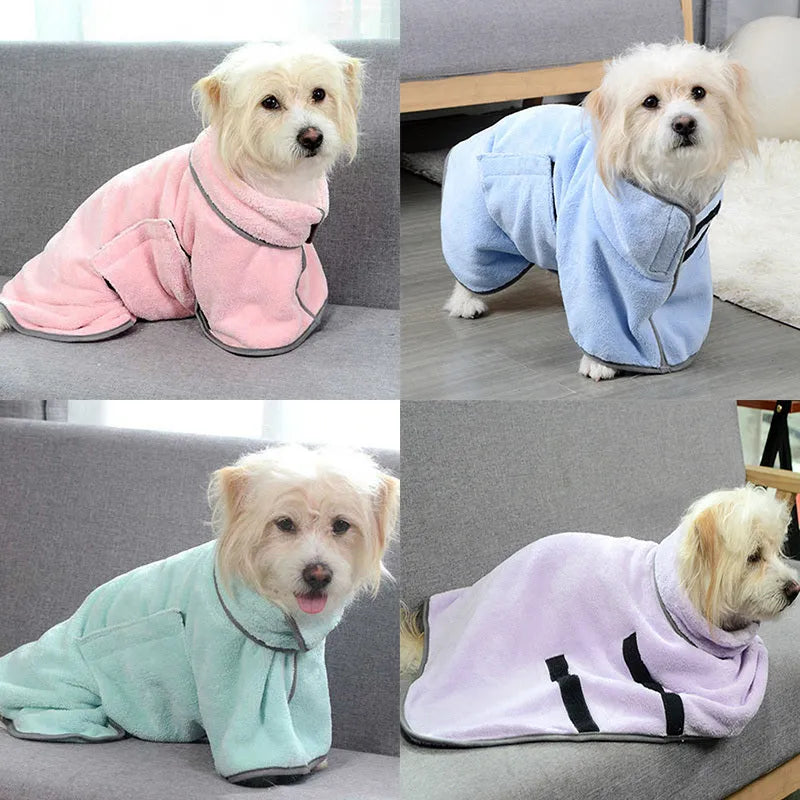 Blue microfiber pet drying towel bathrobe for dogs and cats on a light background