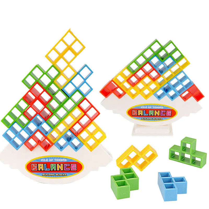Plastic balance stacking board game with 16 coloured blocks, chassis, and base on a 26.5cm square box.
