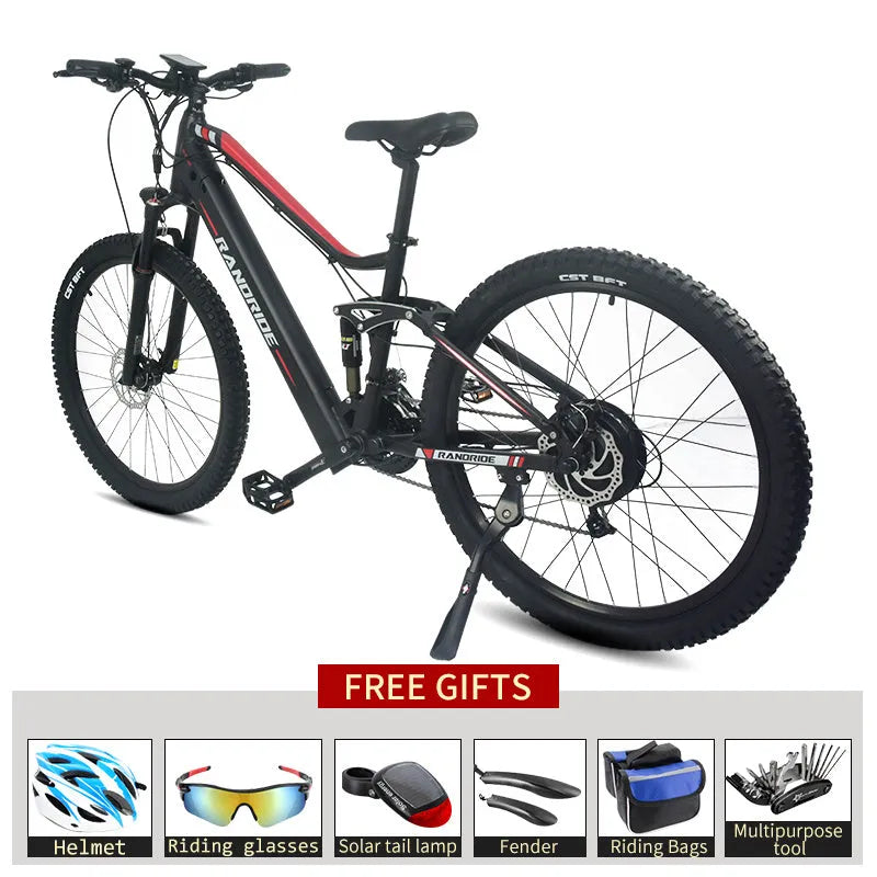 Black red electric mountain bike with full suspension, aluminium alloy frame, 27.5 inch wheels, 750W motor, and hydraulic disc brakes