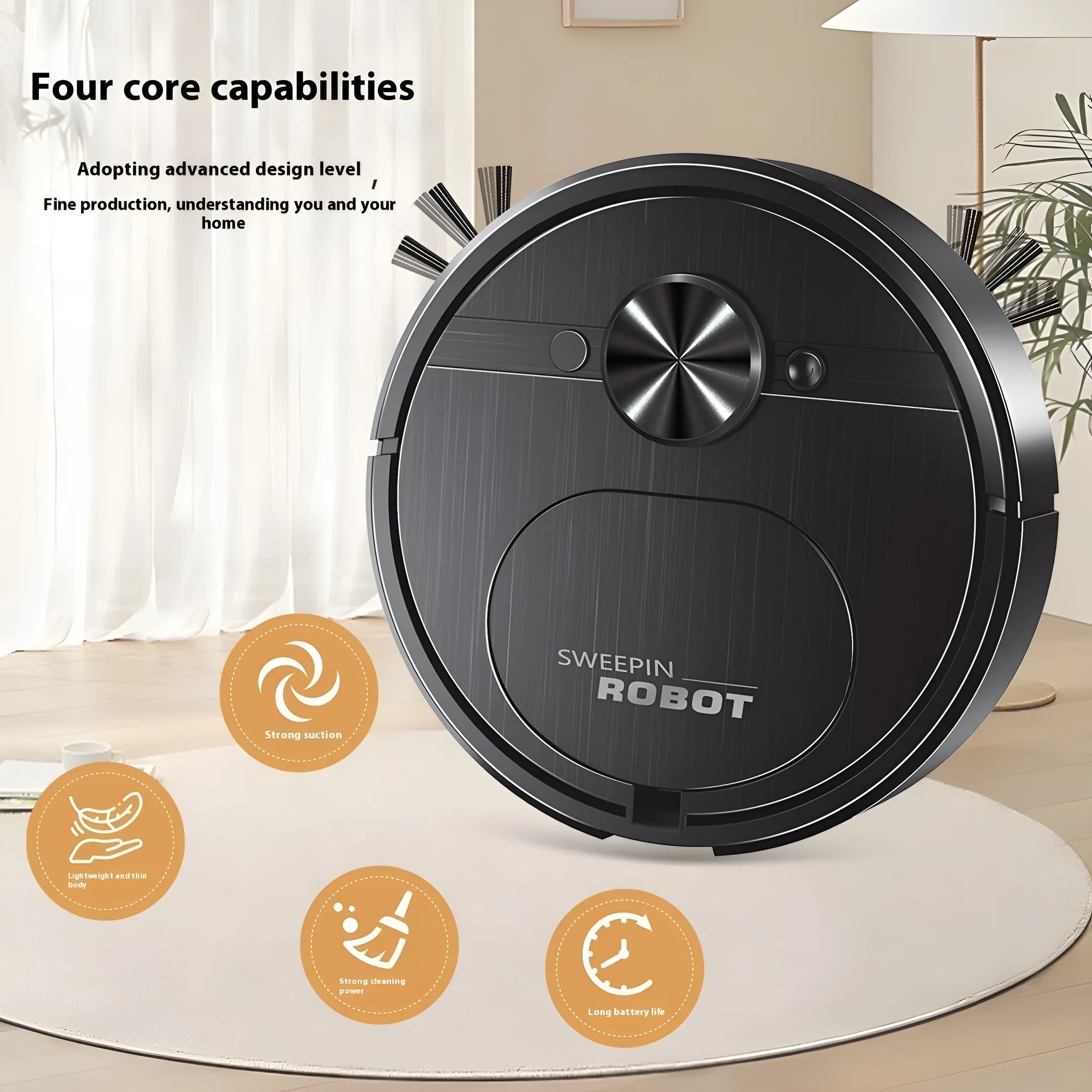 Black or white robot vacuum cleaner with suction, sweeping, and mopping functions on a hard floor