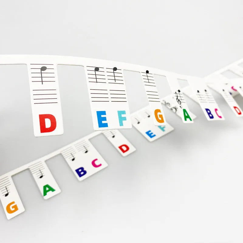 Piano keyboard note stickers set showing colour-coded bars and black note markers for 88-key learning