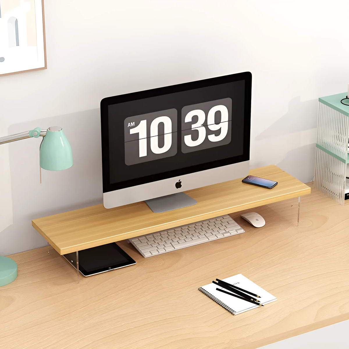 Acrylic leg computer riser desk storage rack in black with wood board, simple modern style