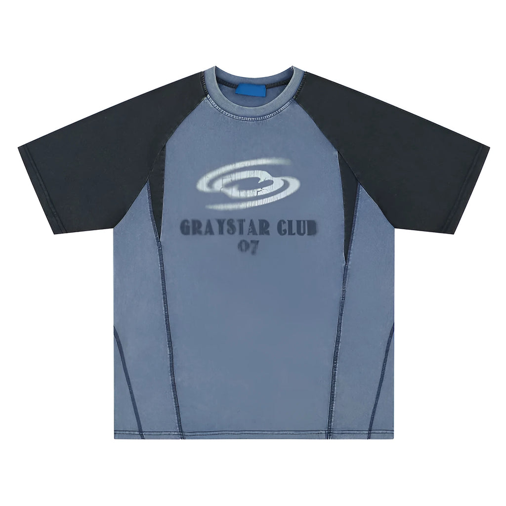 Men's blue hip hop letter print T-shirt with raglan sleeves, loose fit casual style