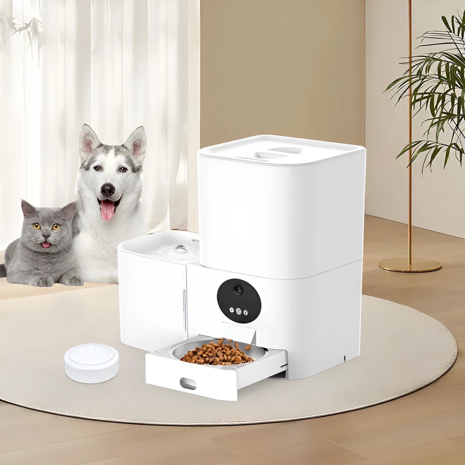 Smart WiFi two-in-one electric pet feeder in white with food and water compartments