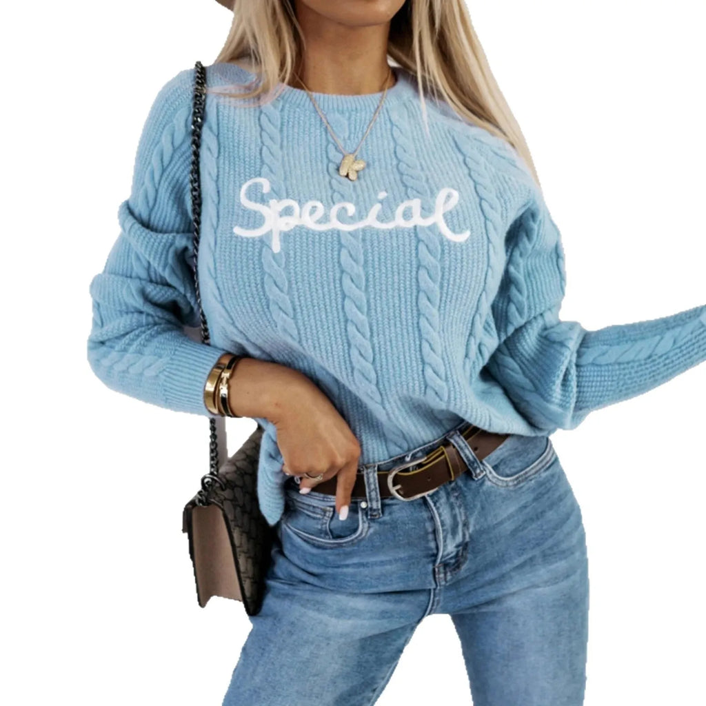 Blue men's pullover with embroidered letter design on crew neck knit sweater