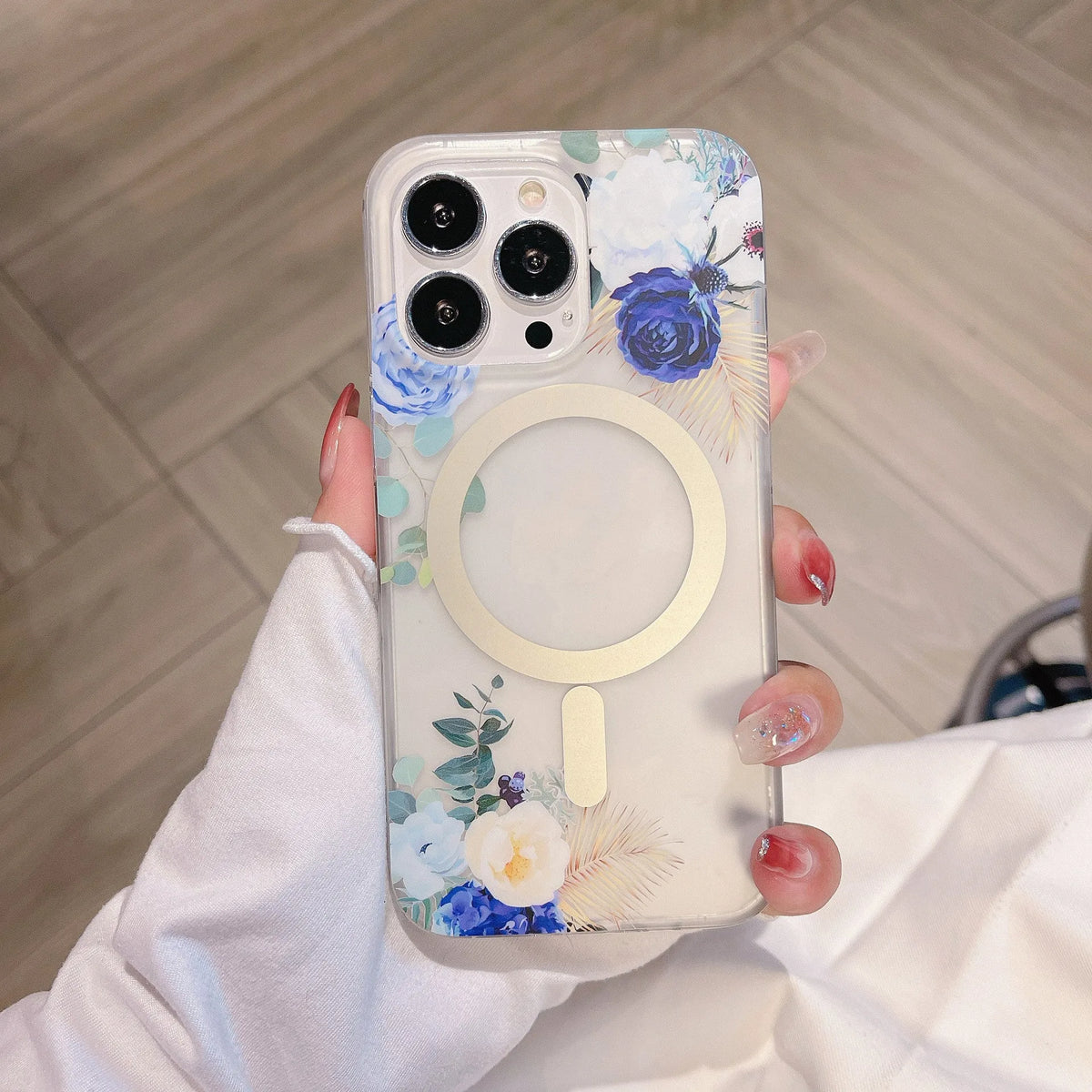 Clear frosted flower iPhone case with magnetic suction, shockproof TPU PC rear cover for iPhone 11-16 models