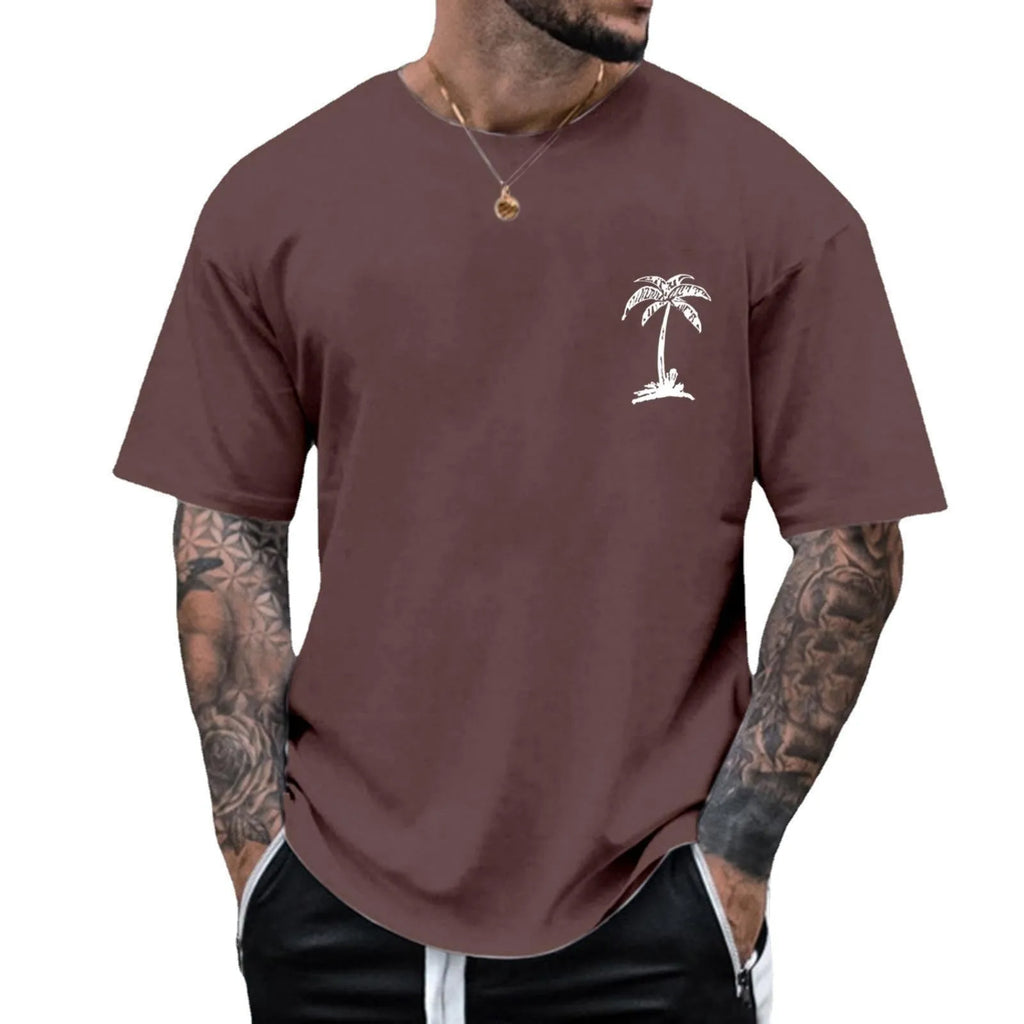 Men's round neck printed short sleeve t-shirt in loose fit polyester fibre, front view