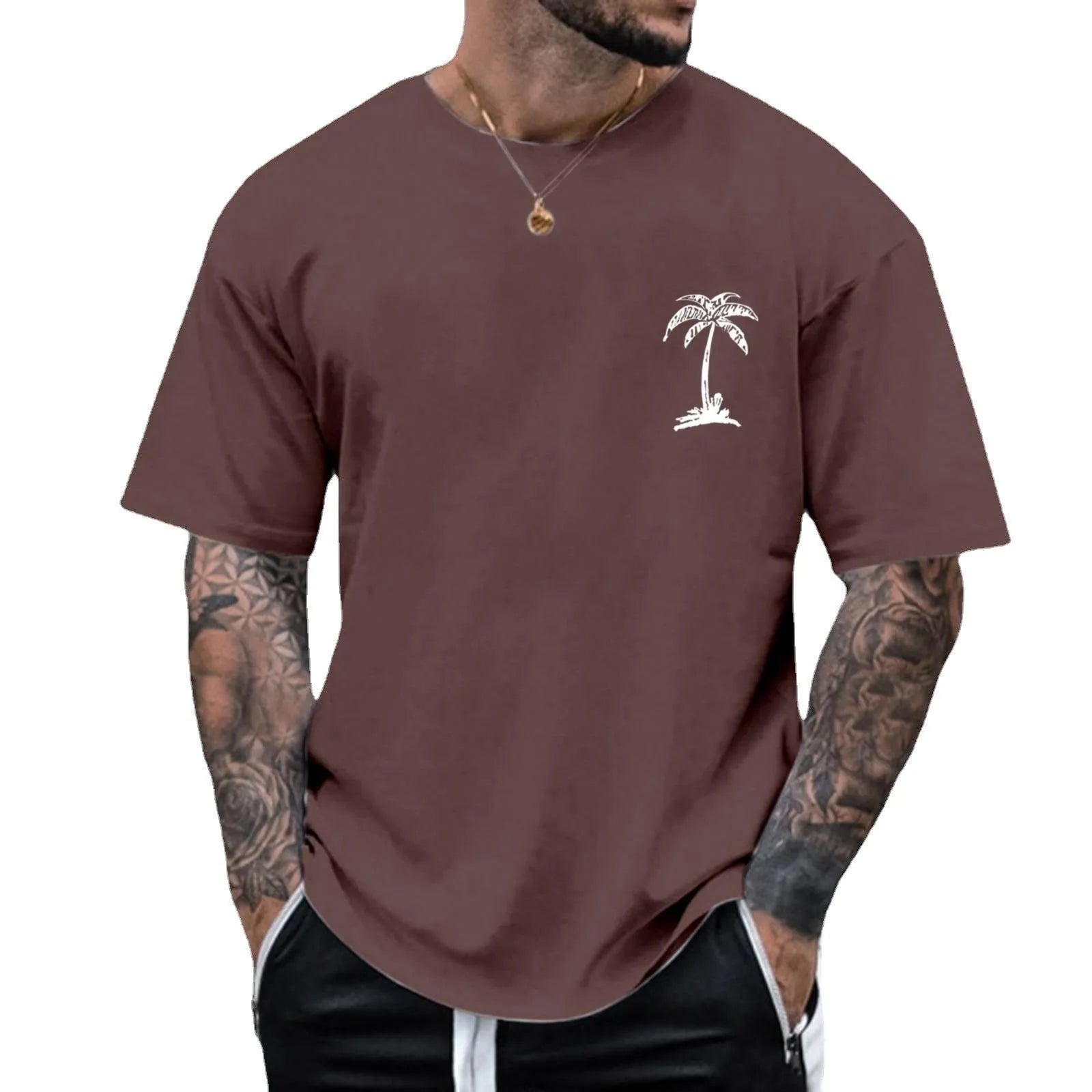 Men's round neck printed short sleeve t-shirt in loose fit polyester fibre, front view
