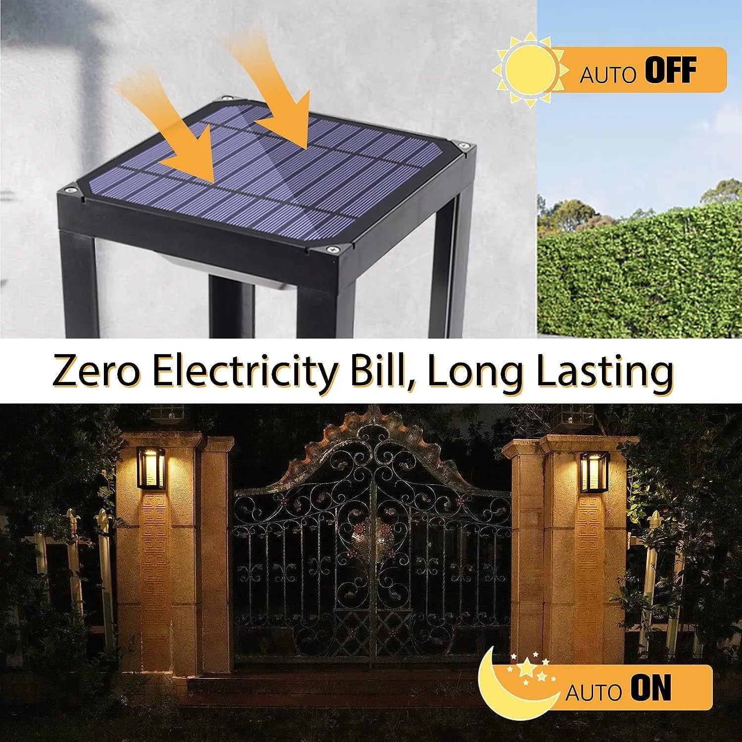 Modern plastic solar-powered outdoor wall lamp with IP65 waterproof rating for garden and villa use.