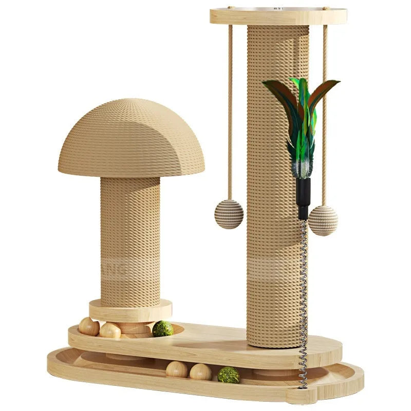 Solid wood cat scratching post with a rotating turntable, shown in a basic big flower style