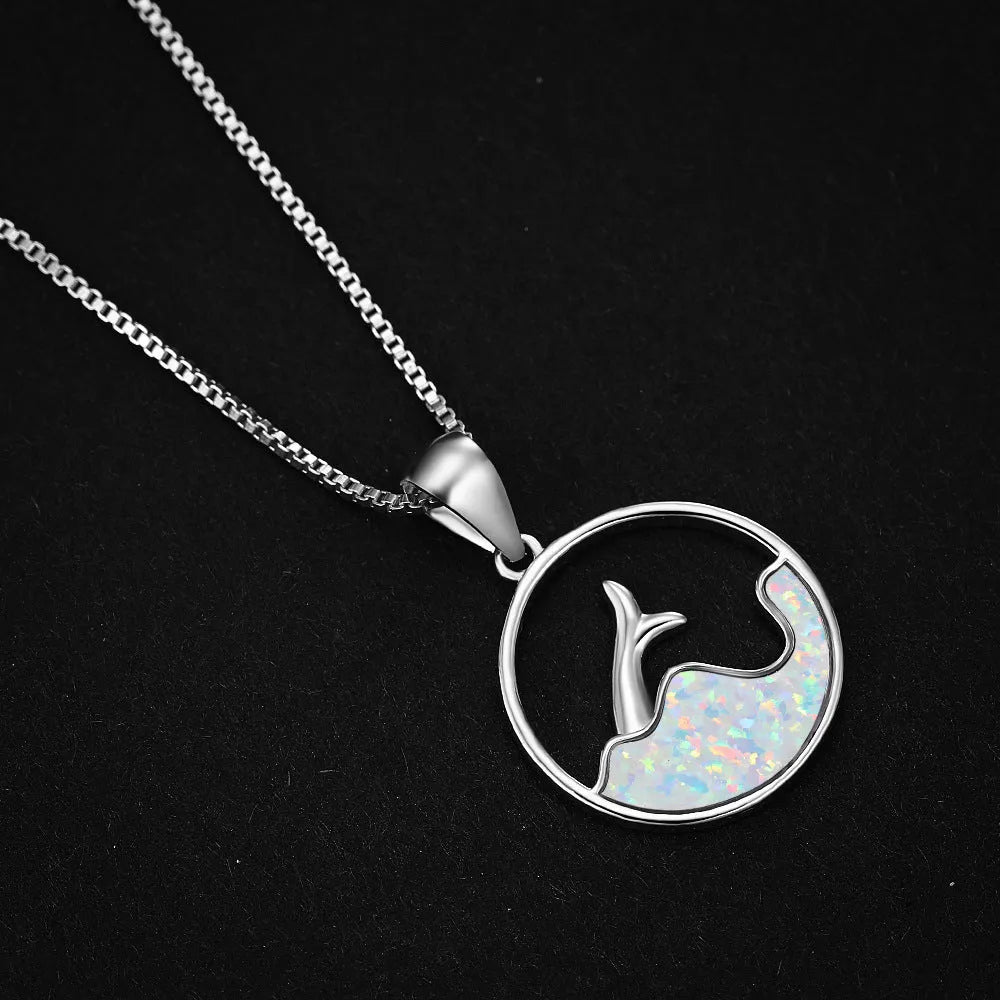 White gold round blue opal sea fishtail geometric pendant necklace on a 40 cm chain