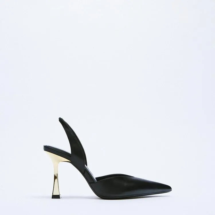 Women's nude and black patent leather pointed high heels with a shallow mouth design
